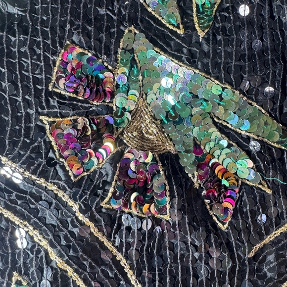 Vintage Black Sequin Silk Cardigan with Green Floral Sequin Accents - Picture 10 of 11